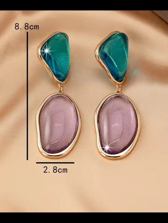 Gold-Tone Drop Earrings with Teal and Lavender Stones - Picture 2 of 5